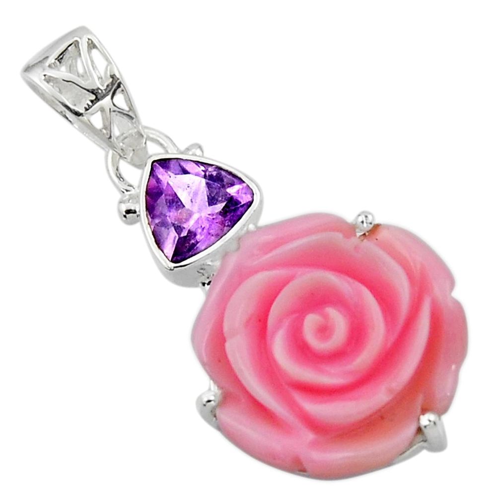 14.79cts natural queen conch shell flower amethyst 925 silver pendant r48827