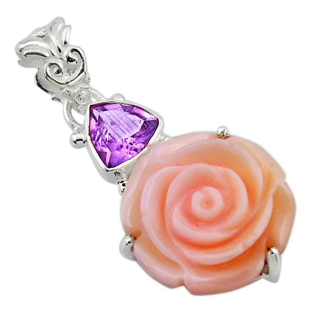 15.68cts natural queen conch shell flower amethyst 925 silver pendant r48830