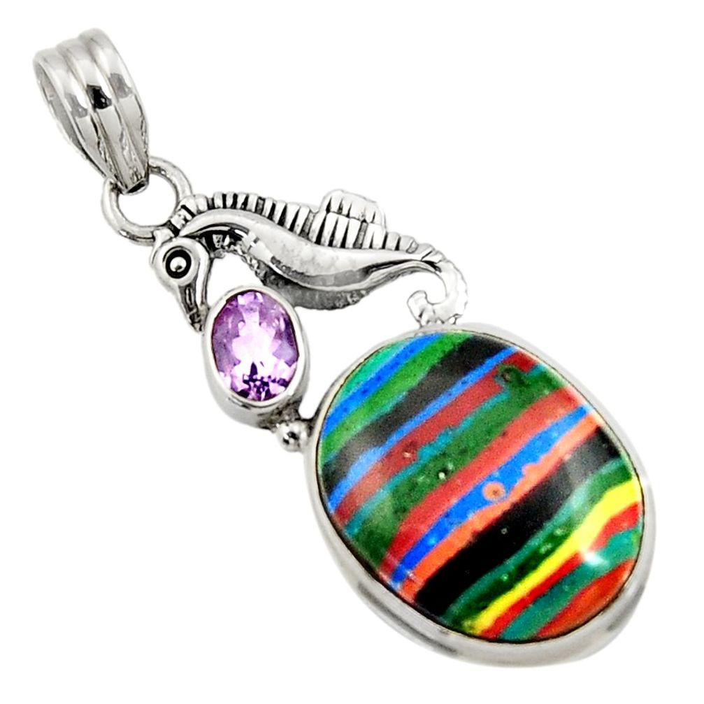  rainbow calsilica amethyst 925 silver seahorse pendant d44751