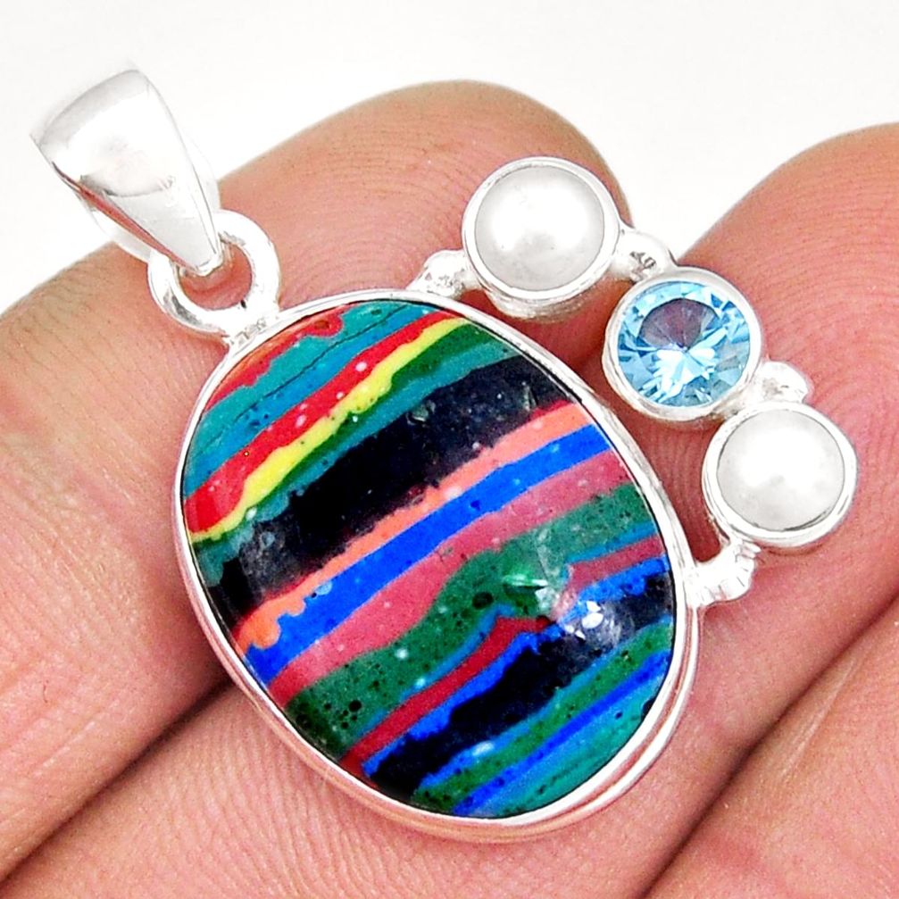 15.02cts natural rainbow calsilica oval topaz pearl 925 silver pendant y5844