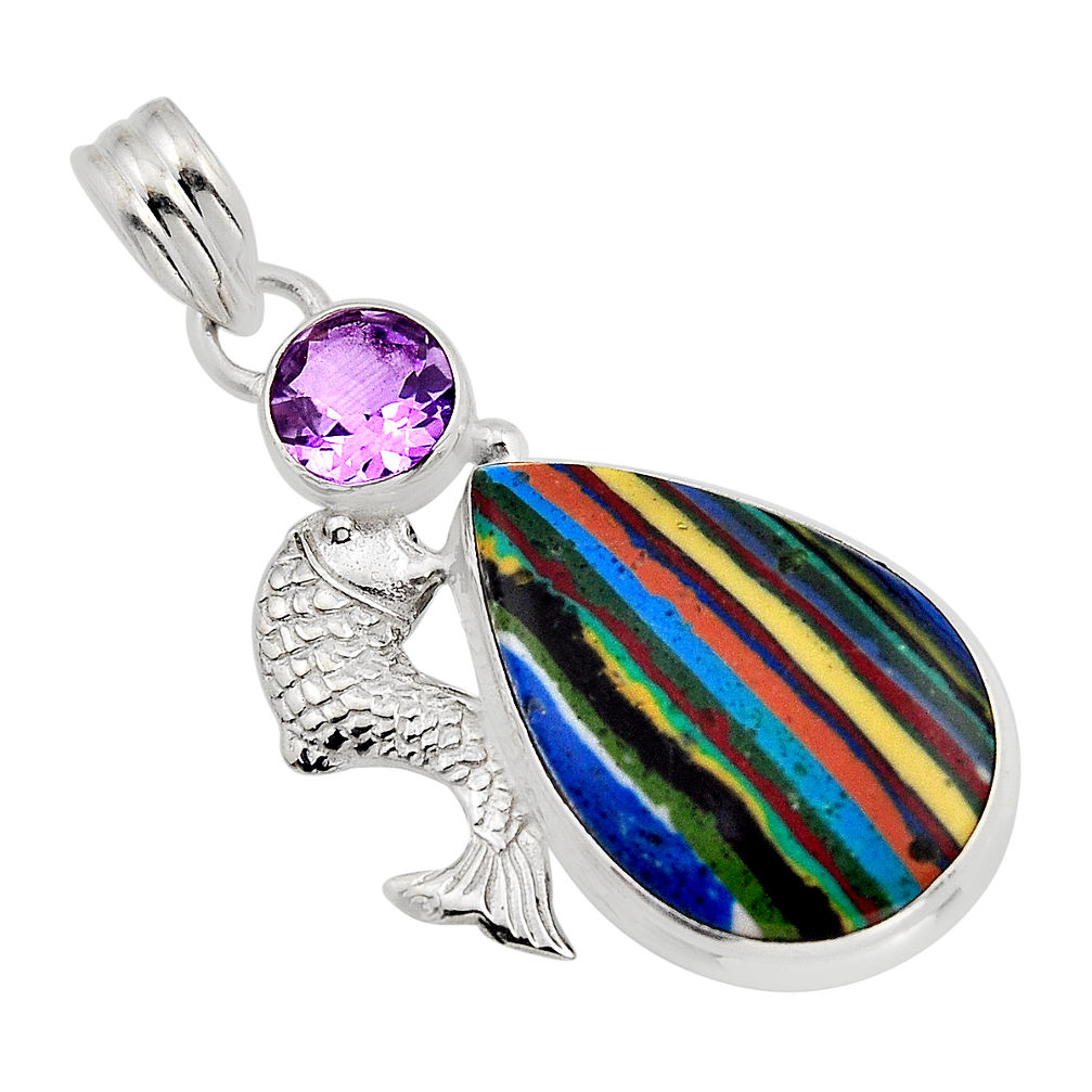 14.90cts natural rainbow calsilica pear amethyst 925 silver fish pendant n1270
