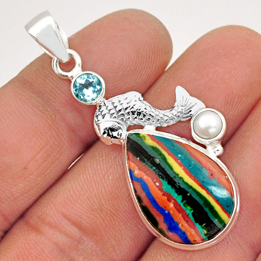15.16cts natural rainbow calsilica topaz pearl 925 silver fish pendant y2806