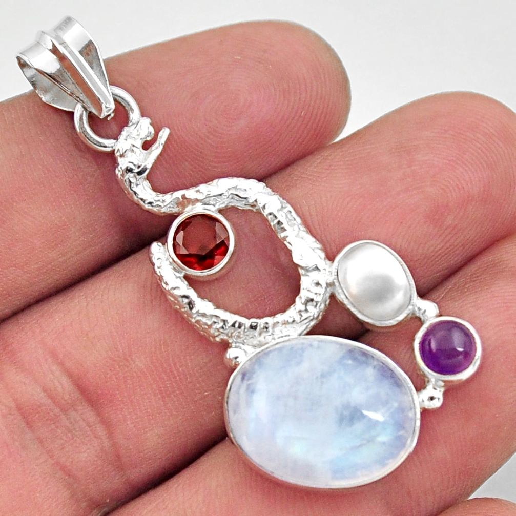 12.34cts natural rainbow moonstone 925 silver anaconda snake pendant d43345