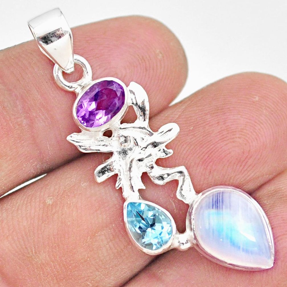 7.67cts natural rainbow moonstone 925 silver angel wings fairy pendant r81323