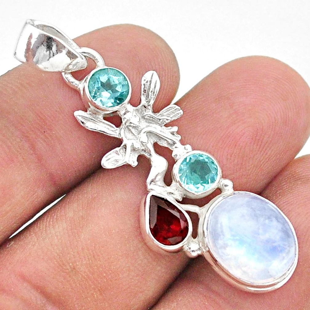 10.41cts natural rainbow moonstone 925 silver angel wings fairy pendant t39437