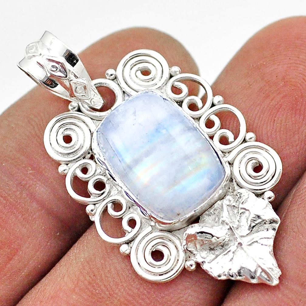 6.69cts natural rainbow moonstone 925 silver deltoid leaf pendant t68456