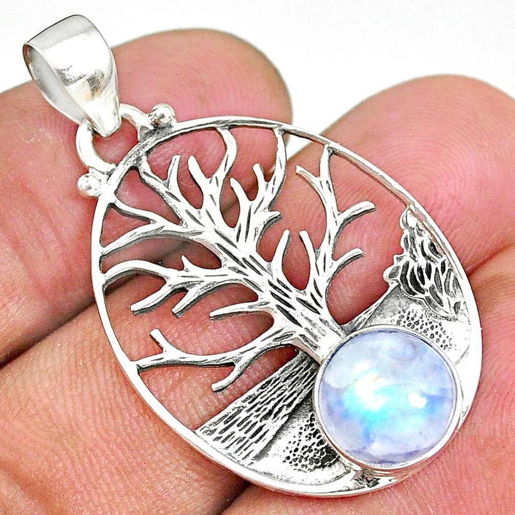 4.38cts natural rainbow moonstone 925 silver tree of life pendant r90440