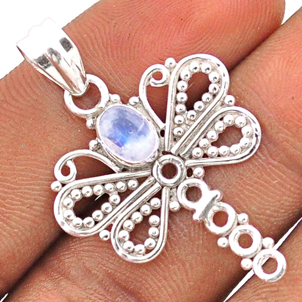 1.47cts natural rainbow moonstone 925 sterling silver dragonfly pendant t84838