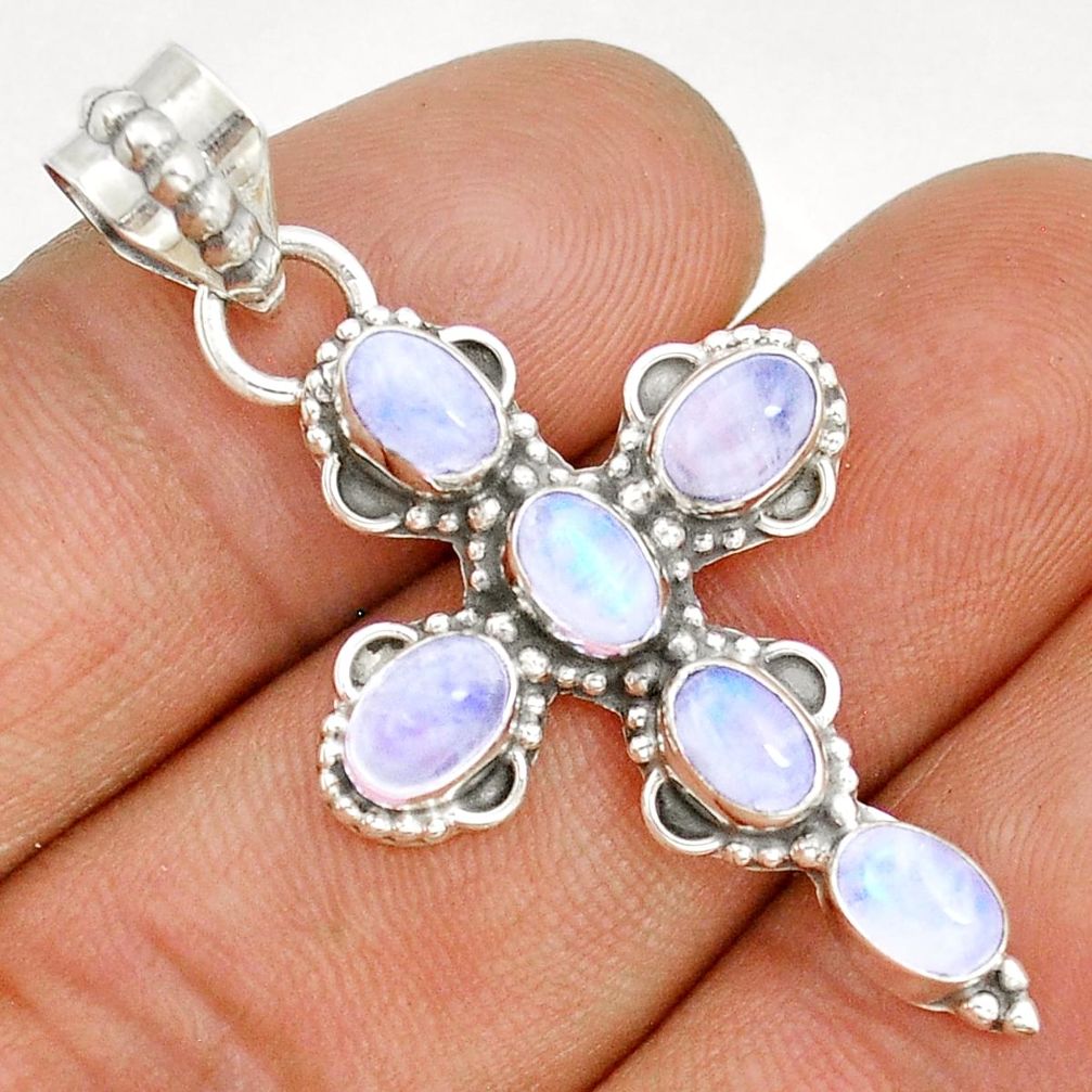 6.32cts natural rainbow moonstone 925 sterling silver holy cross pendant u93838