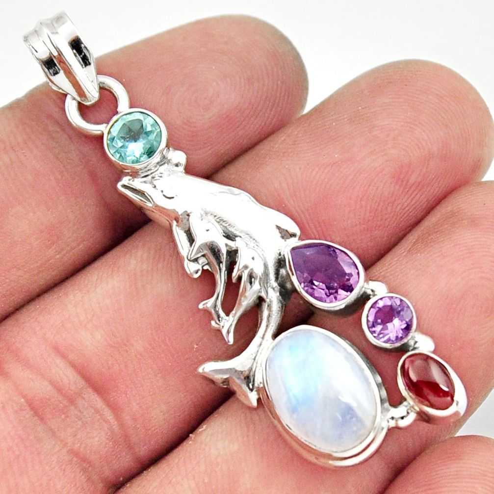 9.16cts natural rainbow moonstone amethyst 925 silver dolphin pendant d43287