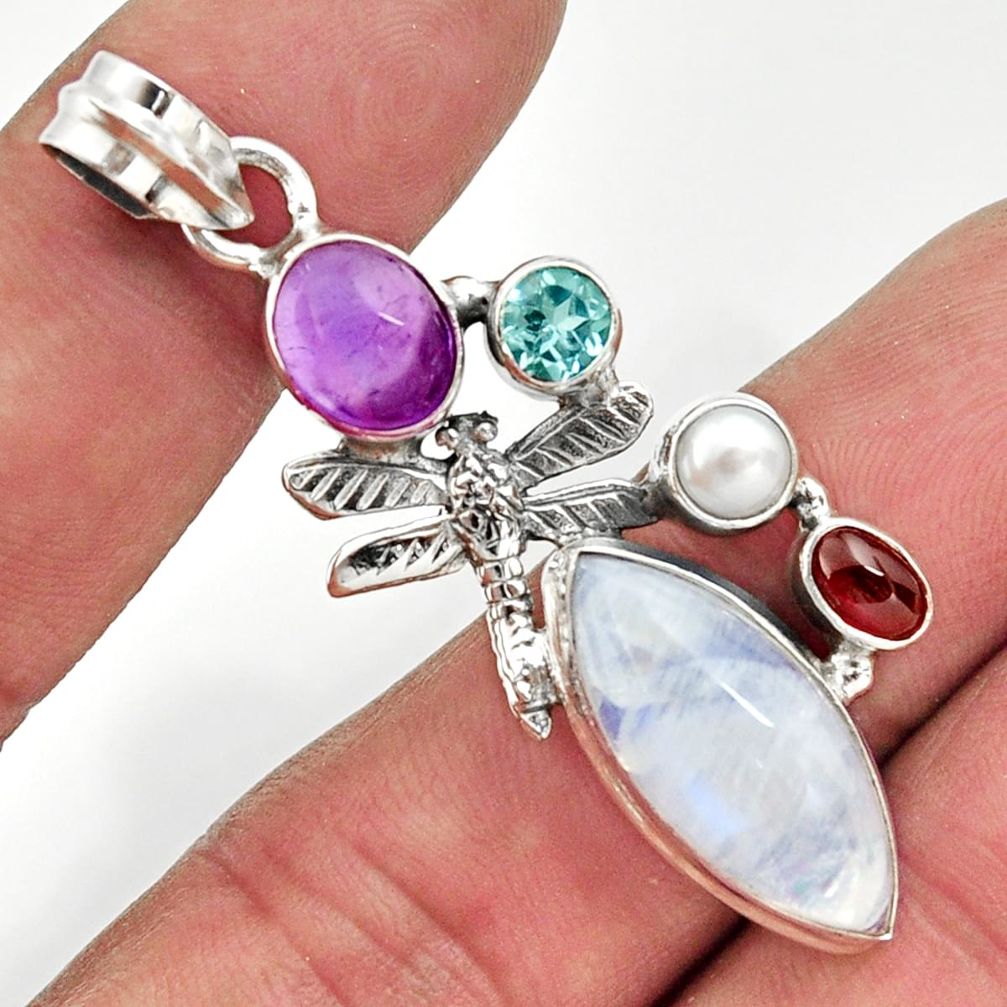 17.36cts natural rainbow moonstone amethyst 925 silver dragonfly pendant d43298