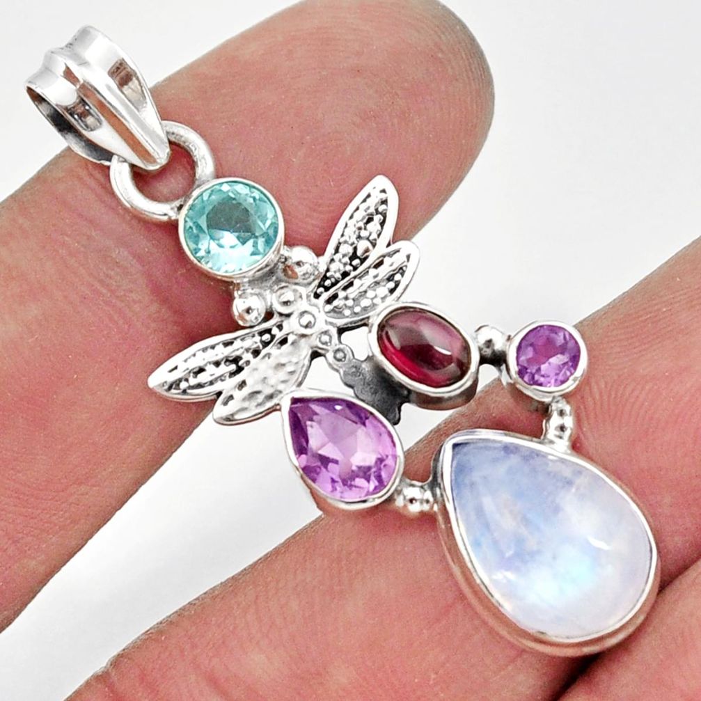 9.65cts natural rainbow moonstone amethyst 925 silver dragonfly pendant d43329
