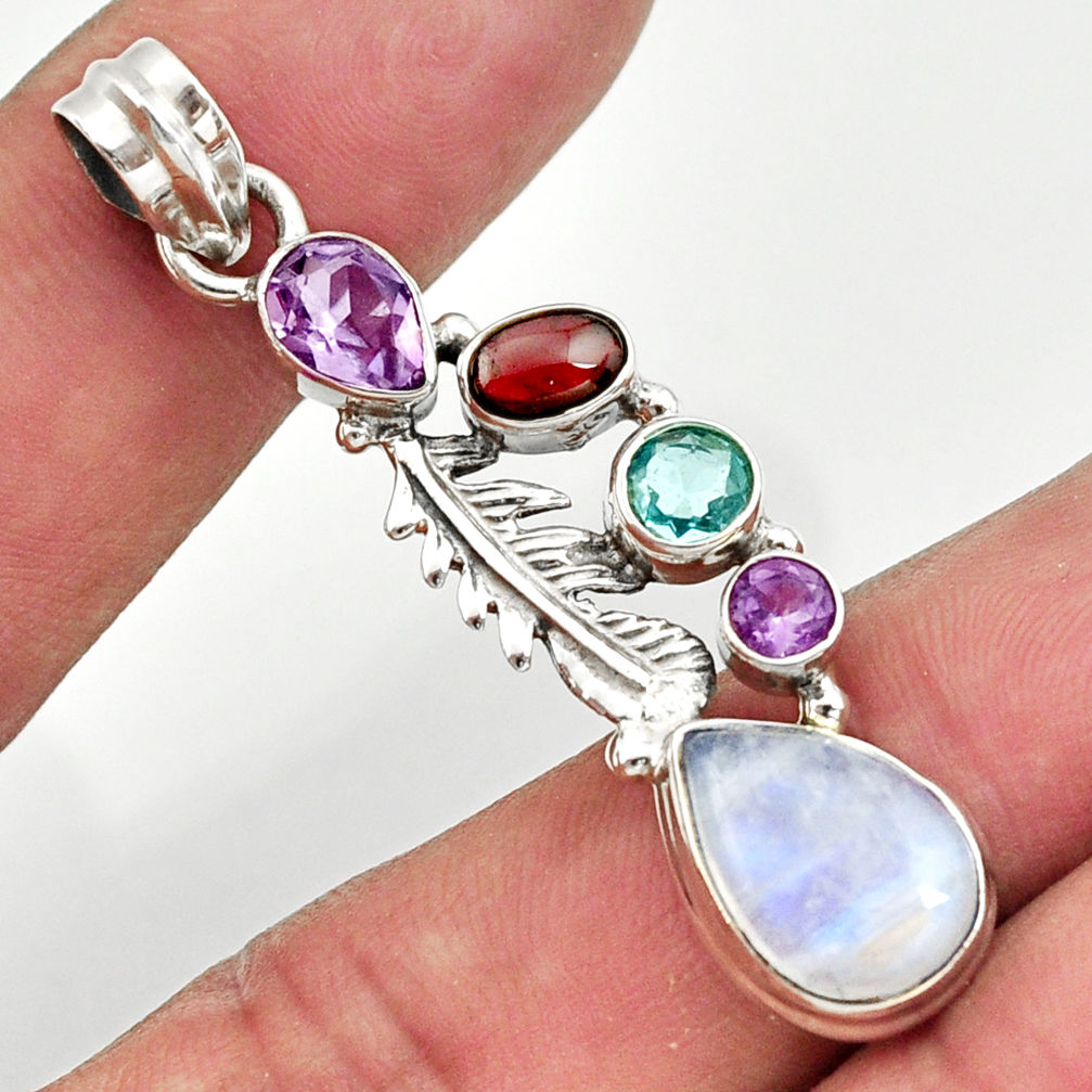 9.39cts natural rainbow moonstone amethyst 925 silver feather pendant d43281