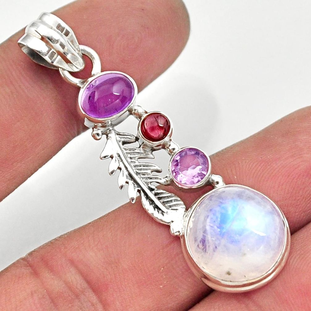 14.72cts natural rainbow moonstone amethyst 925 silver feather pendant d43301