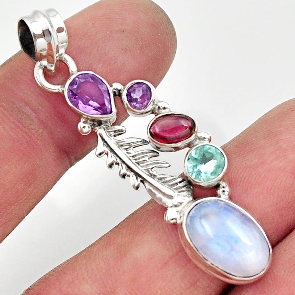 rainbow moonstone amethyst 925 silver feather pendant d43309