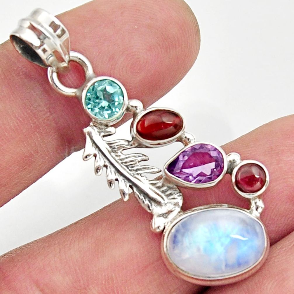 8.83cts natural rainbow moonstone amethyst 925 silver feather pendant d43358