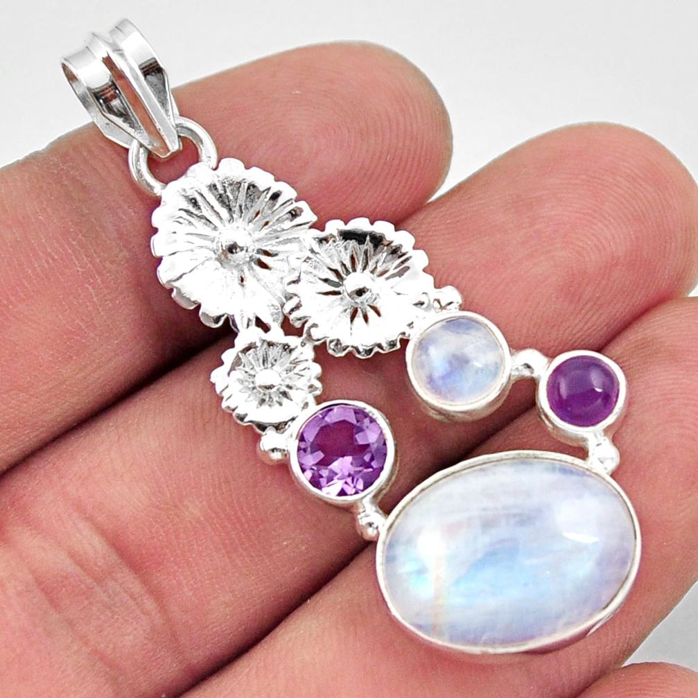 11.37cts natural rainbow moonstone amethyst 925 silver flower pendant d43346