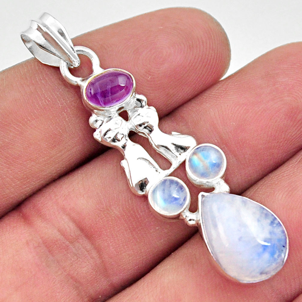9.10cts natural rainbow moonstone amethyst 925 silver two cats pendant d43348