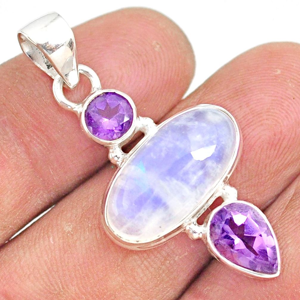 11.57cts natural rainbow moonstone amethyst 925 sterling silver pendant r81399