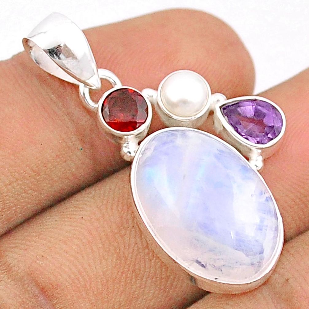 15.71cts natural rainbow moonstone amethyst garnet pearl silver pendant u16850