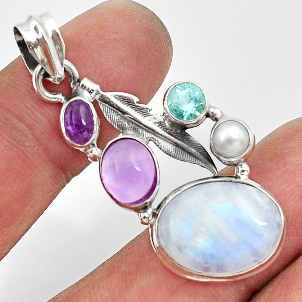 15.33cts natural rainbow moonstone amethyst pearl 925 silver pendant d43291