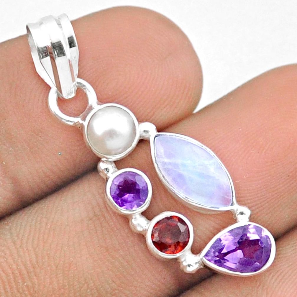 5.66cts natural rainbow moonstone amethyst pearl garnet silver pendant u18586