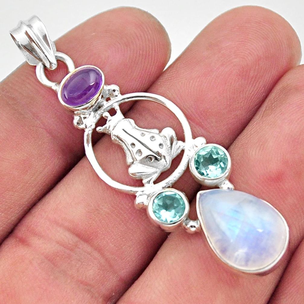 8.96cts natural rainbow moonstone amethyst topaz 925 silver frog pendant d43342