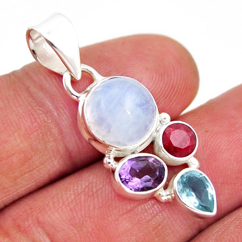 Natural Rainbow Moonstone Amethyst Topaz Ruby 925 Silver Pendant