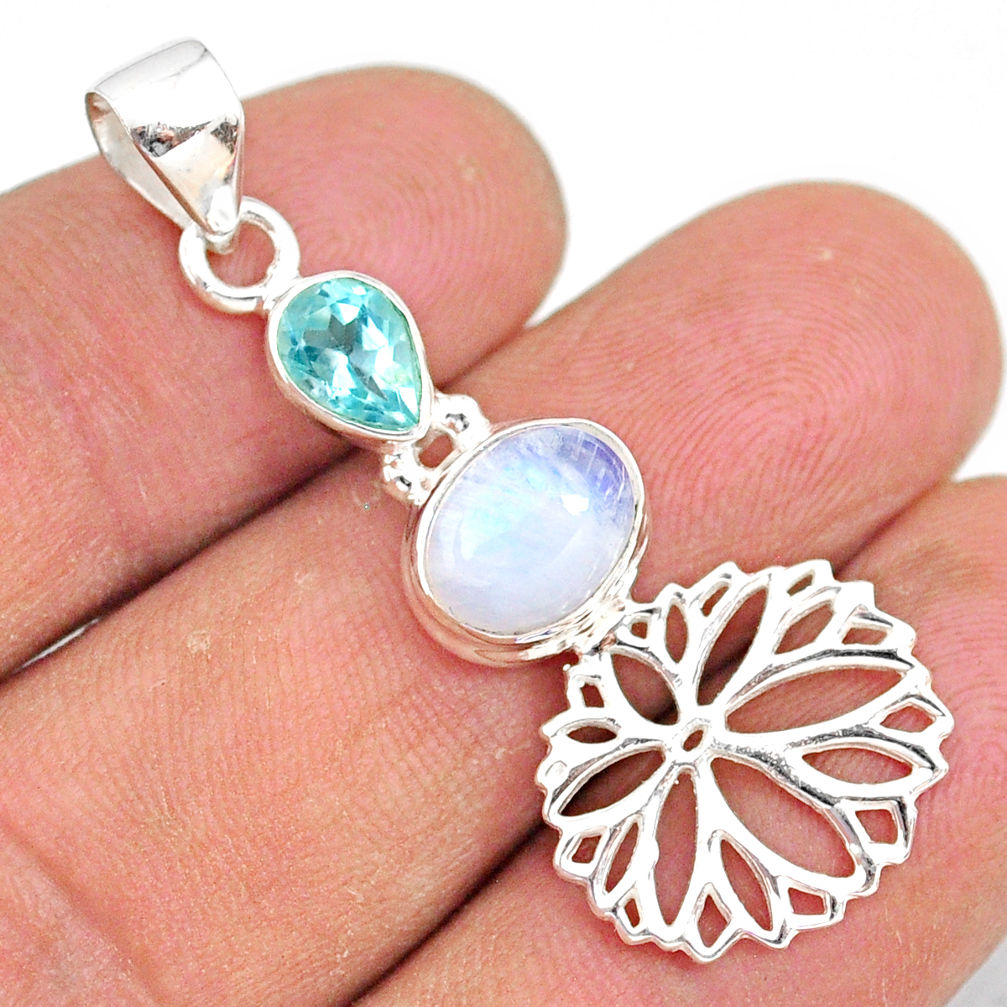 4.64cts natural rainbow moonstone blue topaz 925 silver flower pendant r81387