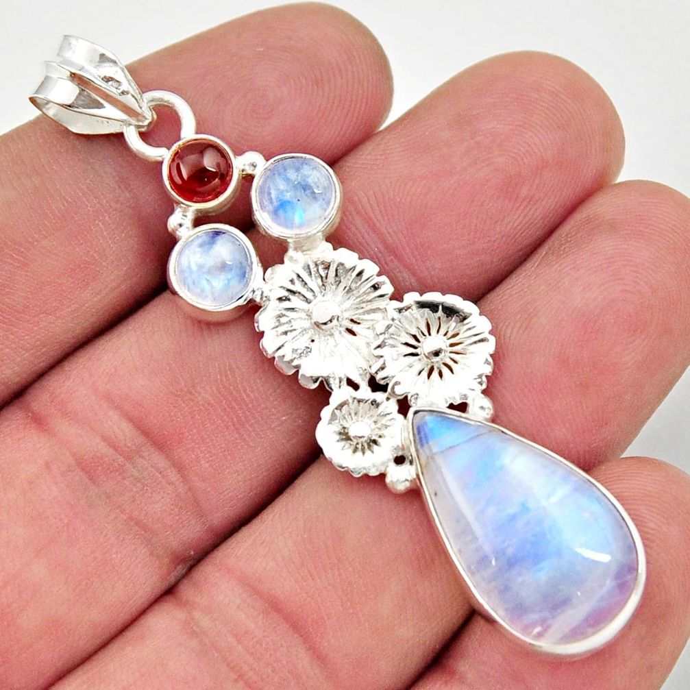  rainbow moonstone garnet 925 silver flower pendant d43352