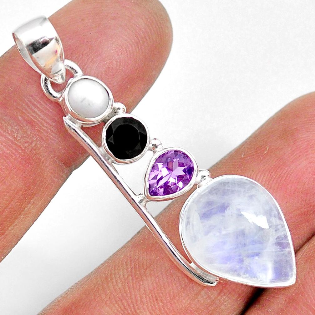 13.70cts natural rainbow moonstone onyx pearl 925 sterling silver pendant r63674