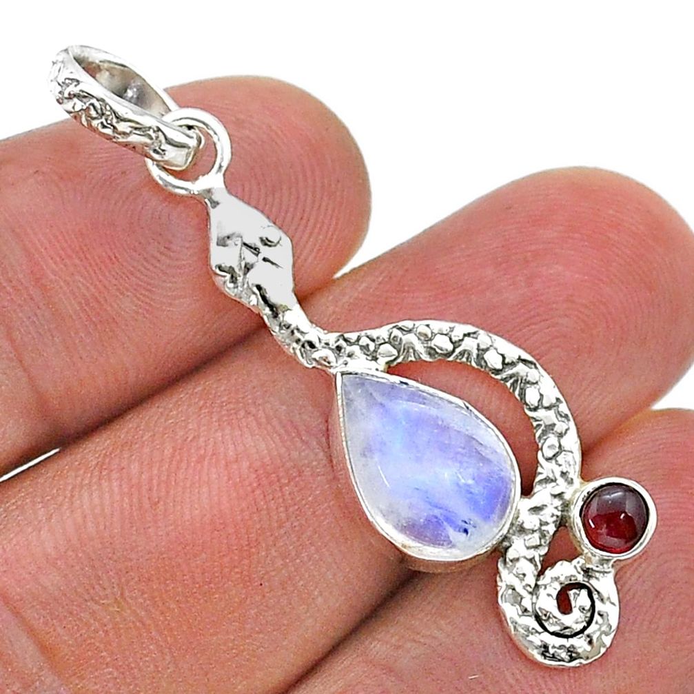 4.43cts natural rainbow moonstone pear garnet 925 silver snake pendant u78861