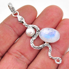 6.82cts natural rainbow moonstone pearl 925 sterling silver snake pendant y67793
