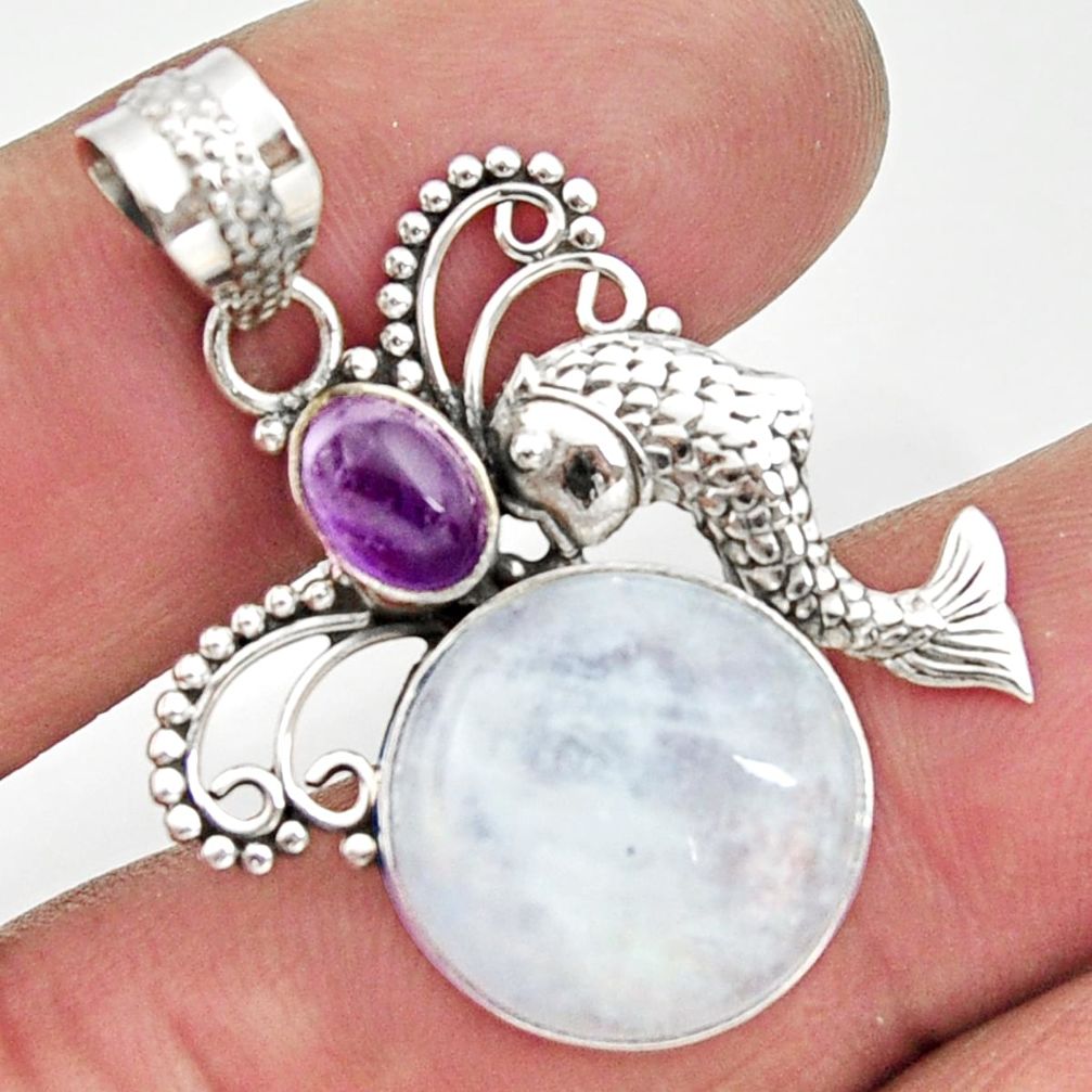 11.66cts natural rainbow moonstone purple amethyst silver fish pendant d43293