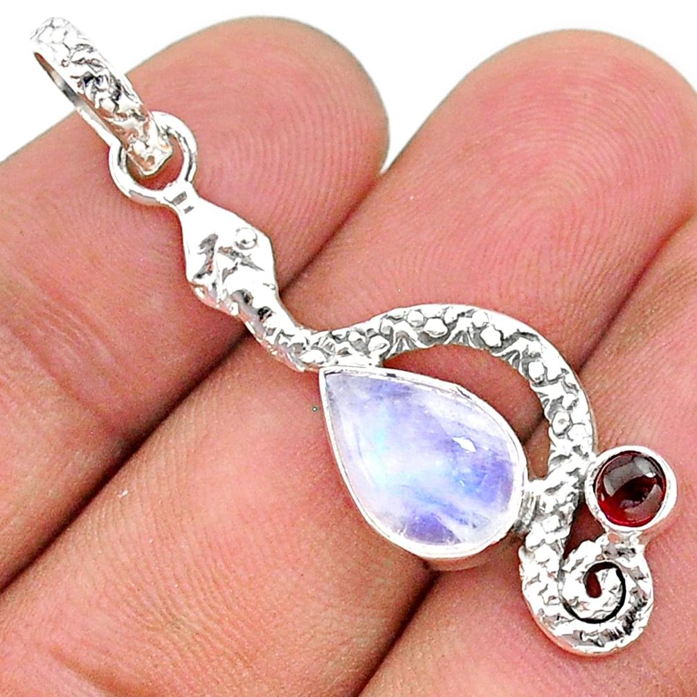 5.03cts natural rainbow moonstone red garnet 925 silver snake pendant t35660