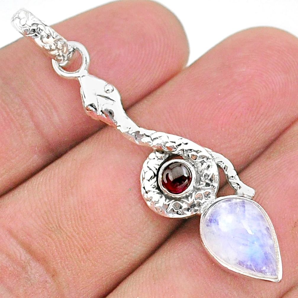 4.82cts natural rainbow moonstone red garnet 925 silver snake pendant t35700