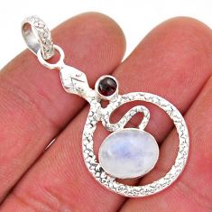 5.38cts natural rainbow moonstone red garnet 925 silver snake pendant y32689
