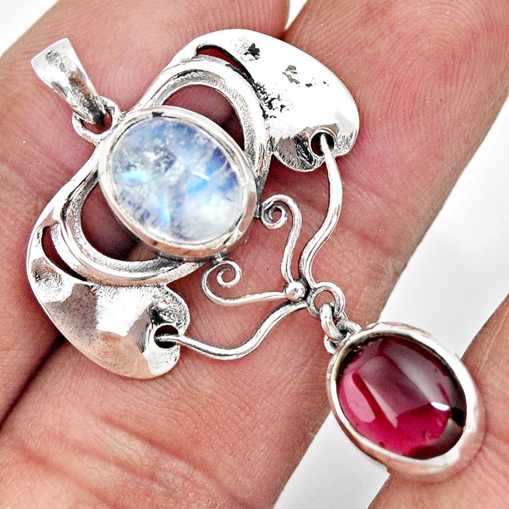 6.74cts natural rainbow moonstone red garnet 925 sterling silver pendant r26353