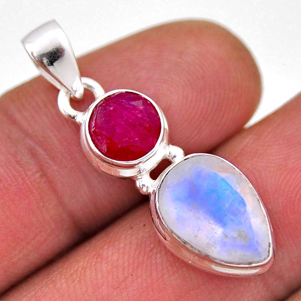 5.54cts natural rainbow moonstone red ruby 925 sterling silver pendant n38937