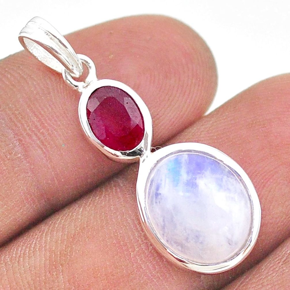7.52cts natural rainbow moonstone red ruby 925 sterling silver pendant t43100