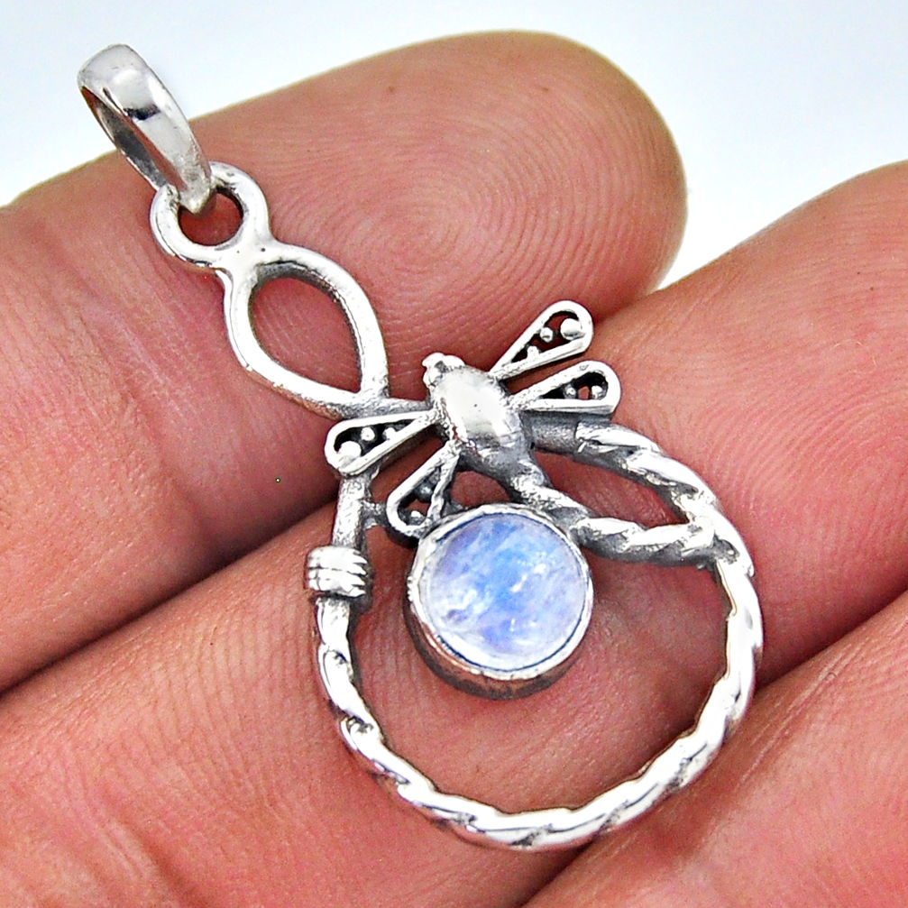 0.94cts natural rainbow moonstone round 925 sterling silver snake pendant n45136