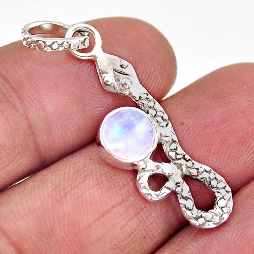 2.50cts natural rainbow moonstone round 925 sterling silver snake pendant y69576