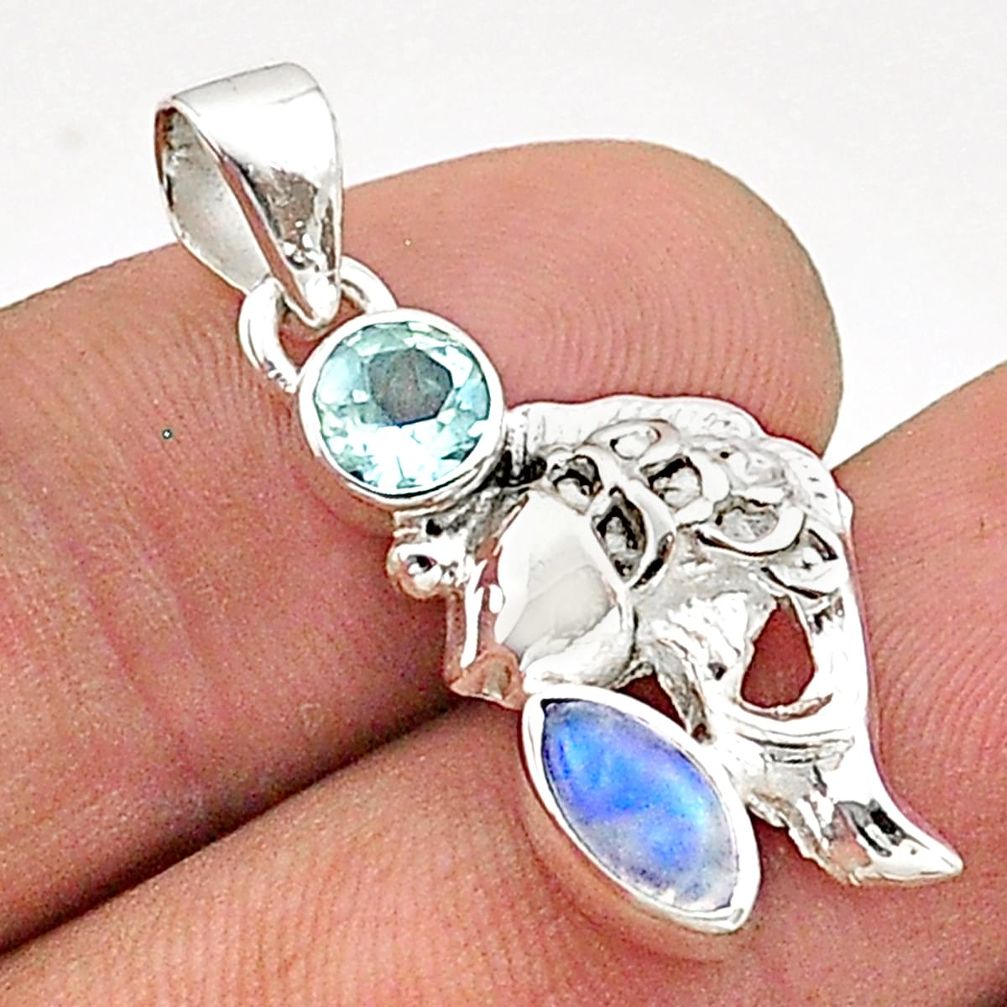 2.43cts natural rainbow moonstone topaz 925 sterling silver fish pendant t66523