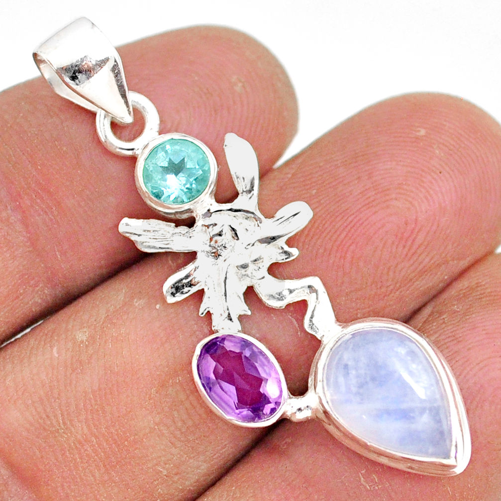 7.44cts natural rainbow moonstone topaz silver angel wings fairy pendant r81398