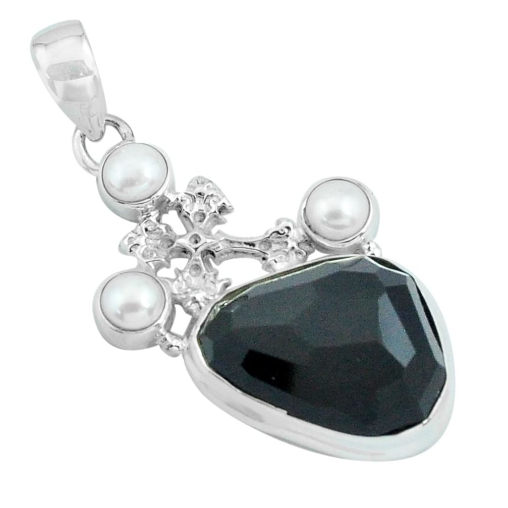 18.47cts natural rainbow obsidian eye pearl 925 silver holy cross pendant p69639