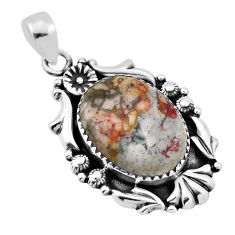 14.48cts natural rainforest rhyolite jasper oval silver flower pendant n33127