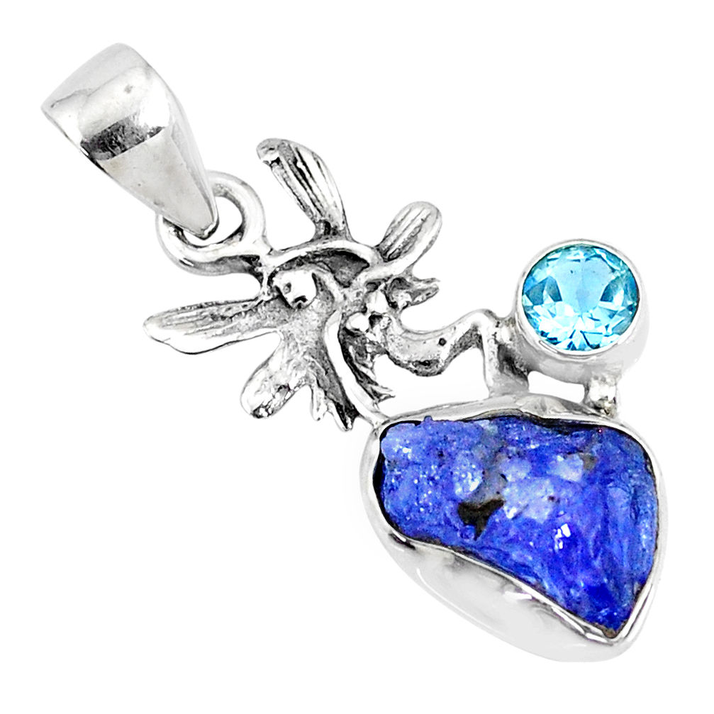 5.57cts natural raw tanzanite rough 925 silver angel wings fairy pendant r74053