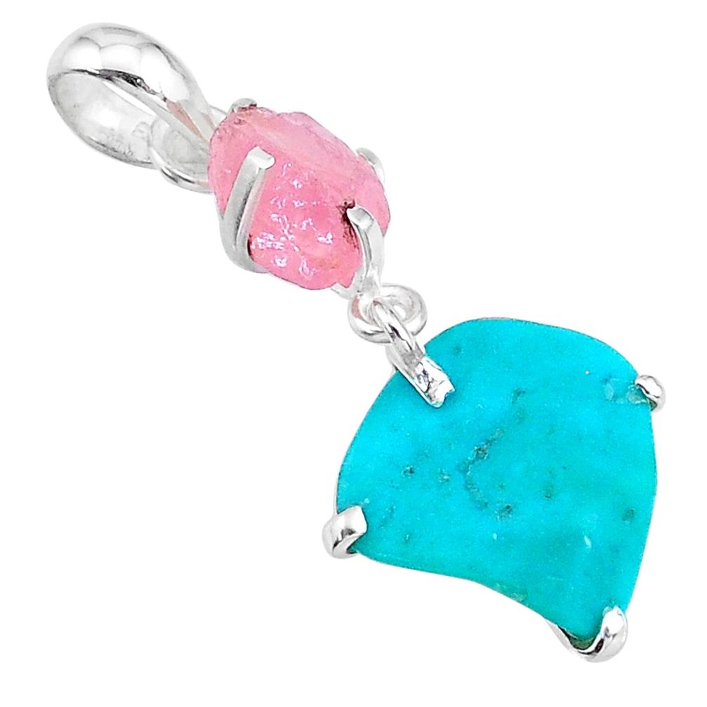 7.65cts natural raw turquoise rose quartz rough 925 silver pendant t14930