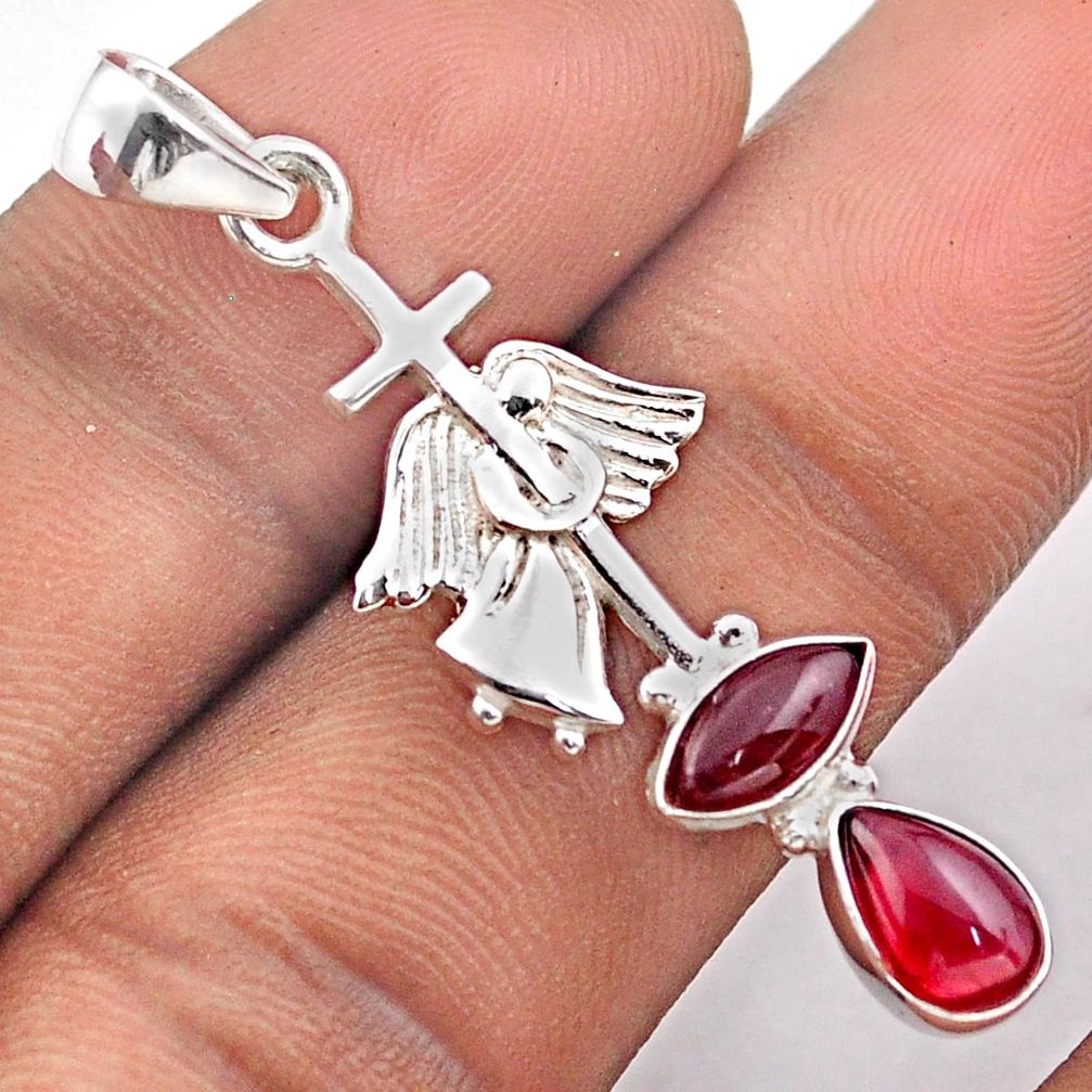 3.73cts natural red garnet 925 sterling silver angel cross pendant t89087