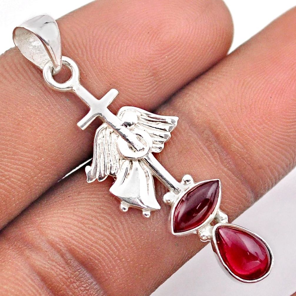 3.95cts natural red garnet 925 sterling silver angel cross pendant t89092